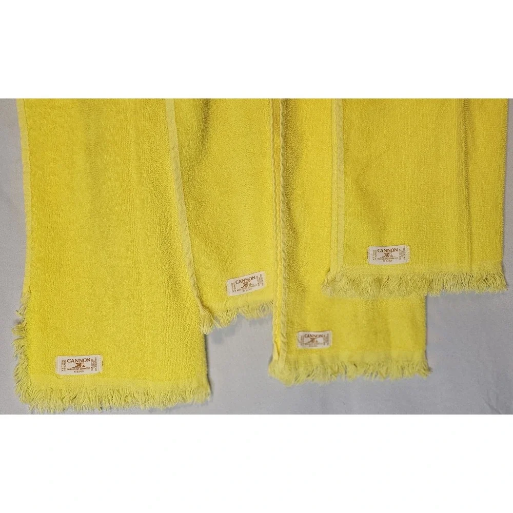 Vintage 1970/1980 Set Of 4 Cannon Bright Yellow Hand Towels With Fringe USA